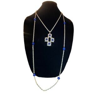 Vintage 70’s Sarah Coventry Gold-Tone Cross & Beaded Faux Lapis Necklaces (2)